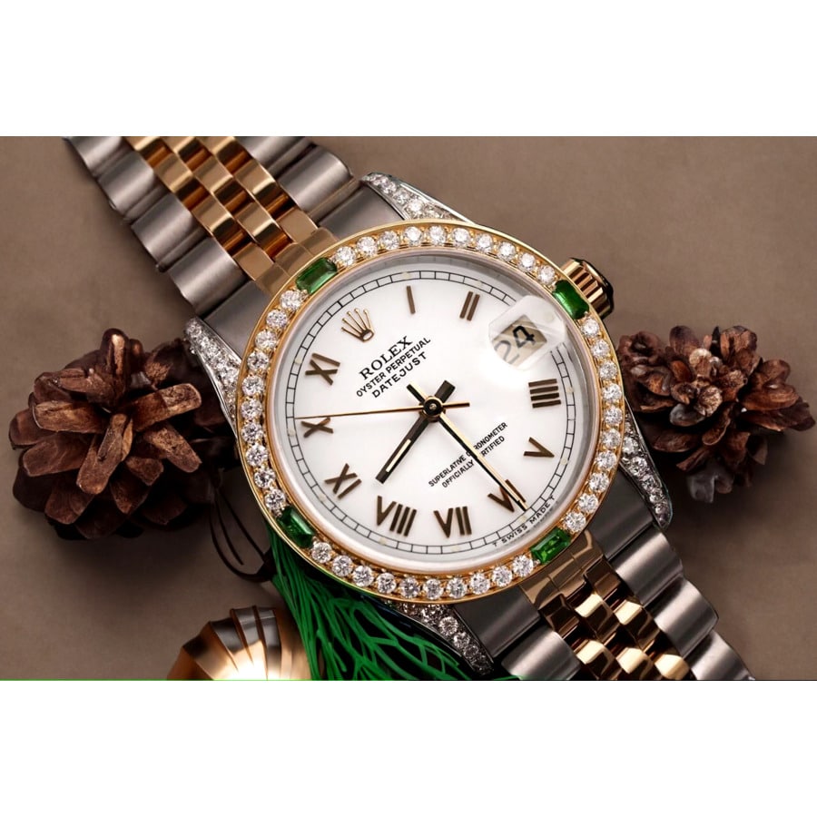 Rolex Datejust 31 Two Tone Watch with Emeralds & Diamonds White Roman Dial 68273