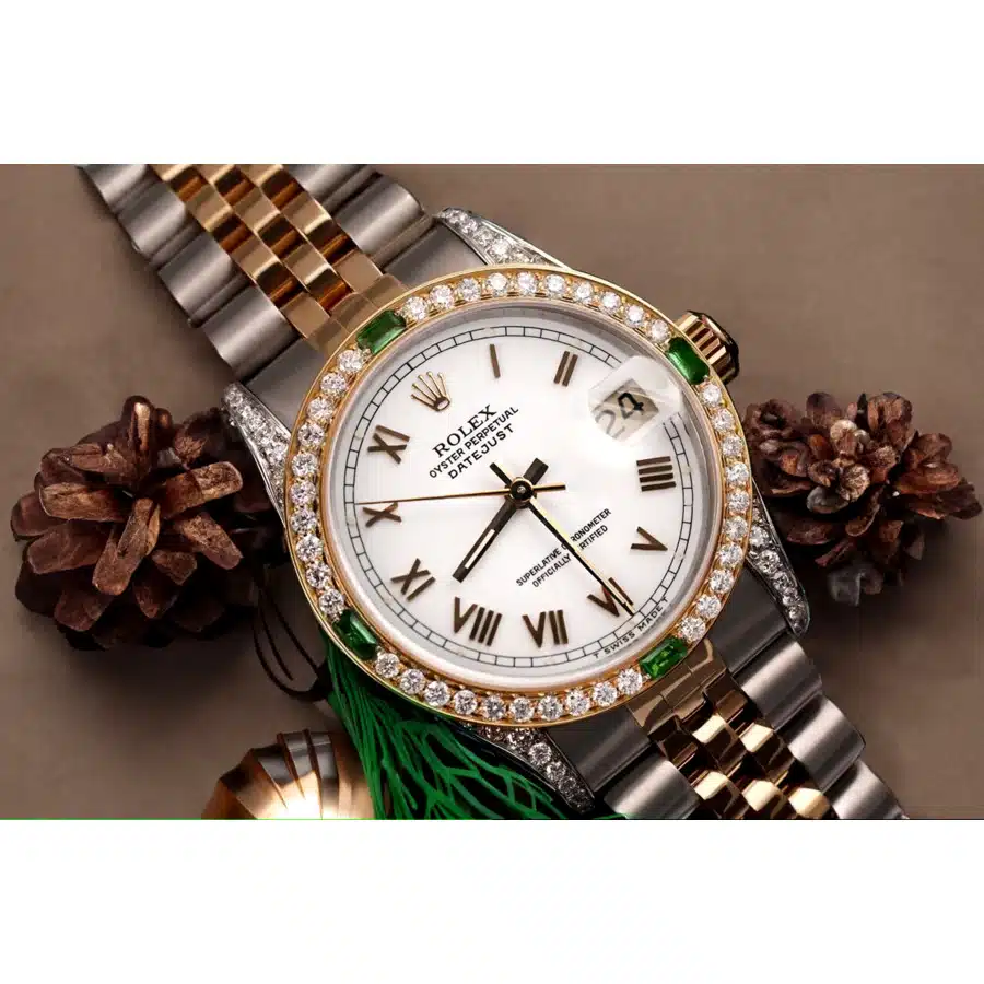 Rolex Datejust 31 Two Tone Watch with Emeralds & Diamonds White Roman Dial 68273 – image 3