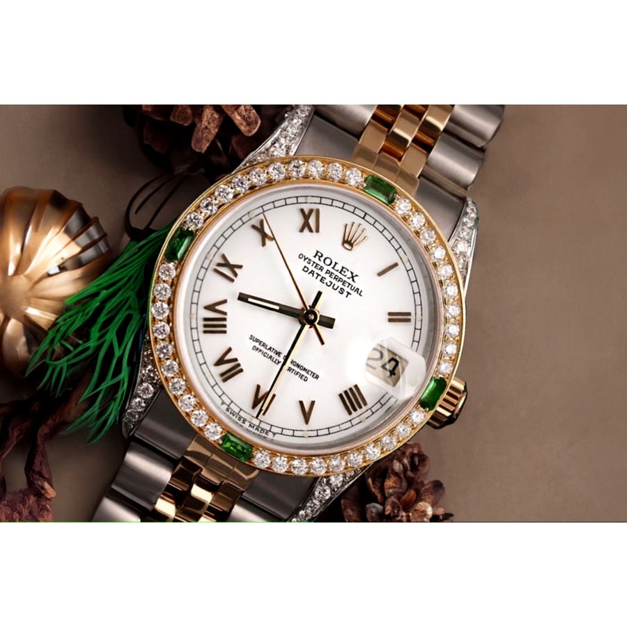 Rolex Datejust 31 Two Tone Watch with Emeralds & Diamonds White Roman Dial 68273