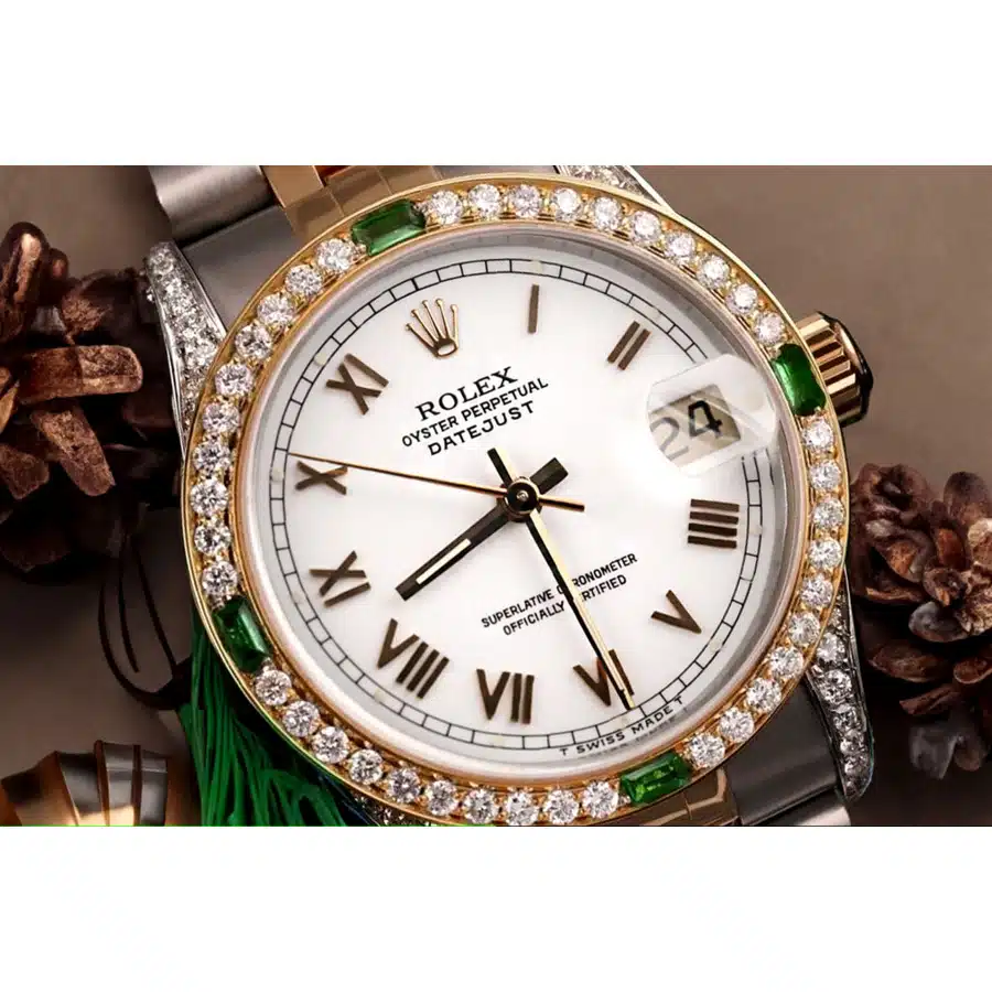 Rolex Datejust 31 Two Tone Watch with Emeralds & Diamonds White Roman Dial 68273 – image 2