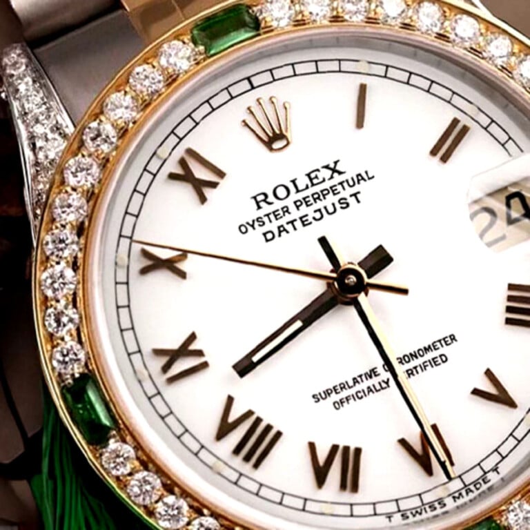 Rolex Datejust 31 Two Tone Watch with Emeralds & Diamonds White Roman Dial 68273