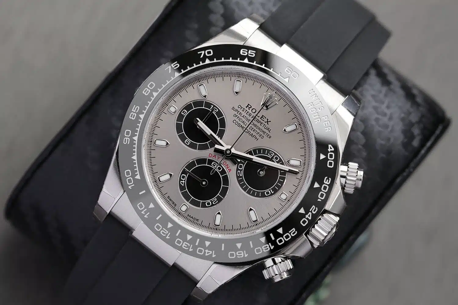 Rolex Cosmograph Daytona 116519LN White Gold With Black Oysterflex Watch Silver Black Subs Dial