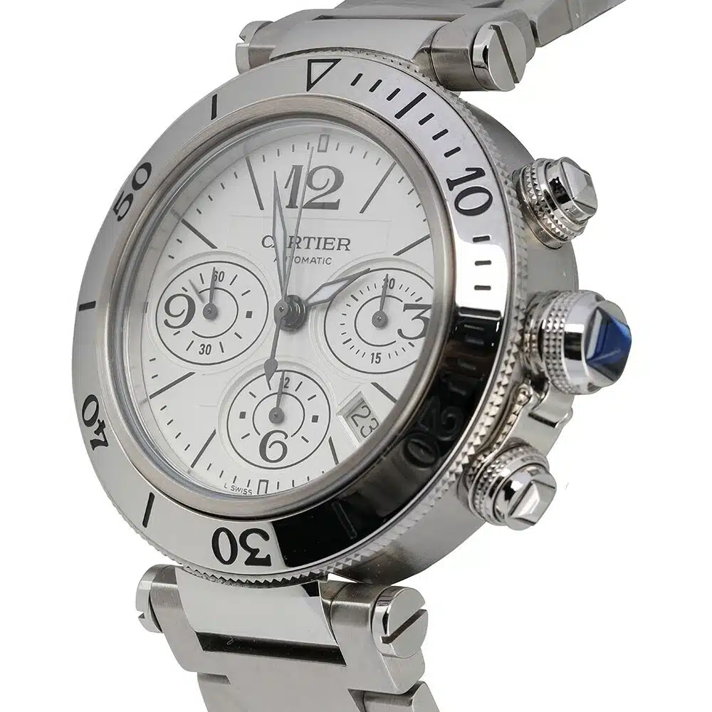 Cartier Pasha Seatimer W31089M7 stainless steel watch, dial detail