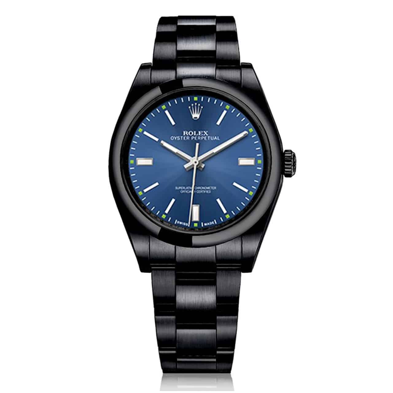 Rolex Oyster Perpetual Blue Dial Black PVD/DLC Coated Stainless Steel Watch 114300