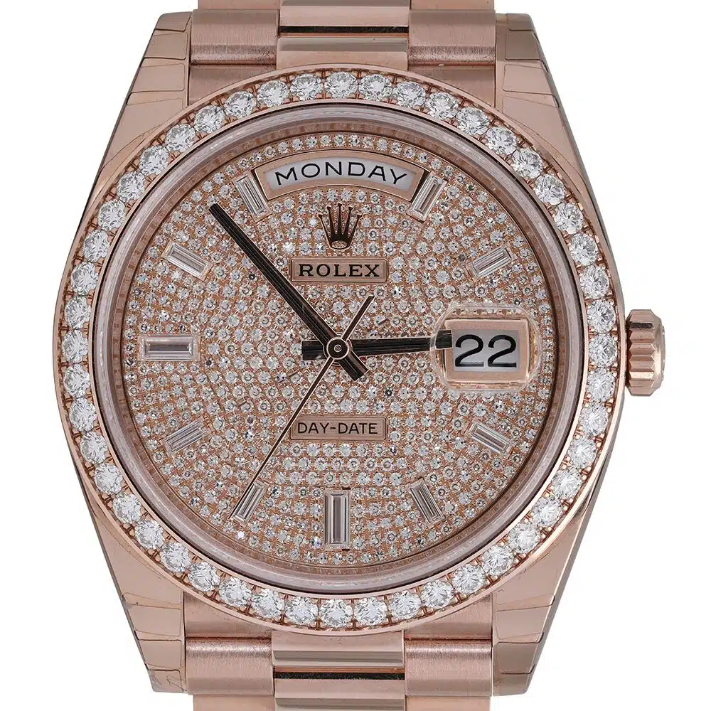 Rolex Day-Date 228345 Rose Gold Watch Pave Diamond Dial Diamond Bezel