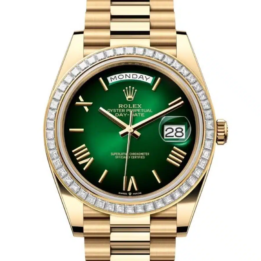 Rolex Day Date 228398tbr-0042 Baguette Bezel Yellow Gold Watch Green Ombre Roman Dial 2024 – image 2