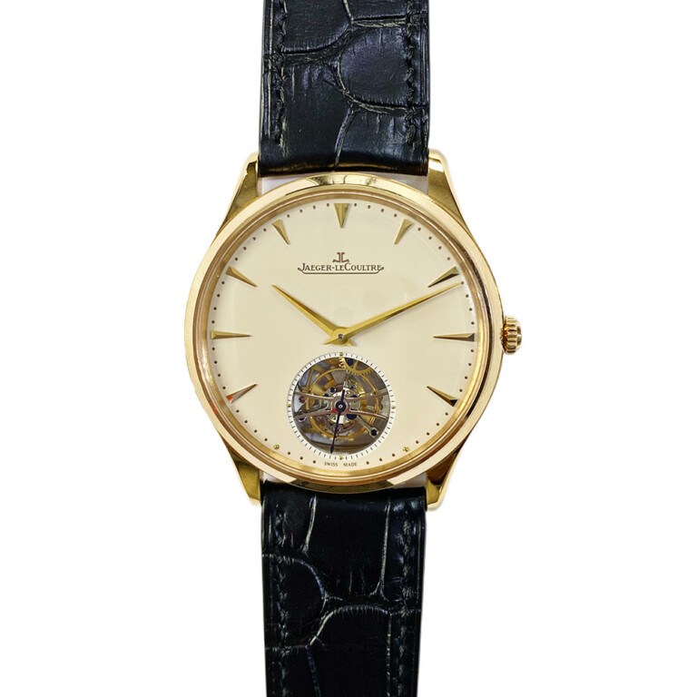 Jaeger LeCoultre Master Ultra Thin Tourbillon Q1322410 Rose Gold with Black Leather Watch Beige Dial