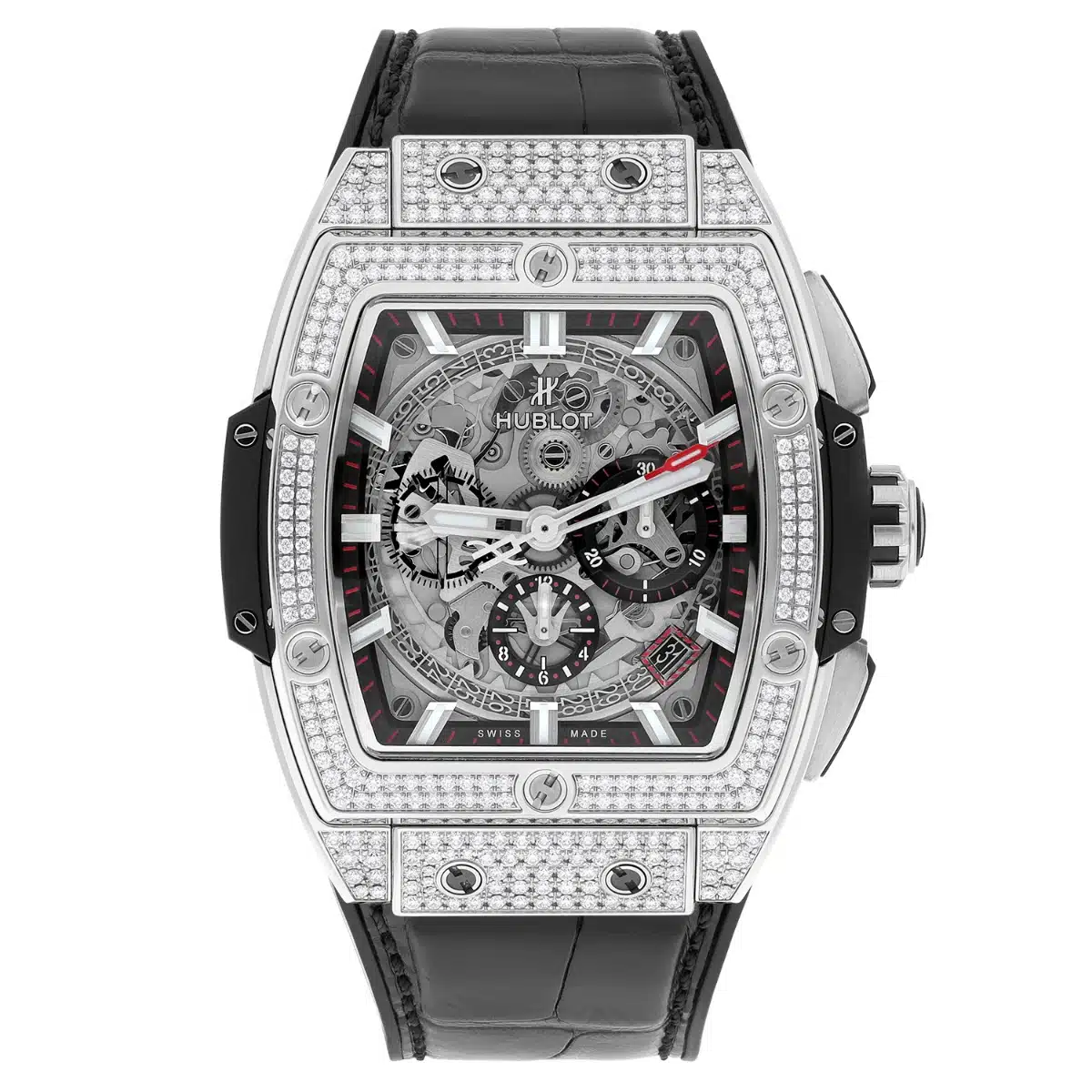 Hublot Spirit of Big Bang Titanium Pave 42mm Watch 641.NX.0173.LR.1704 Skeleton Dial, Black Leather Strap