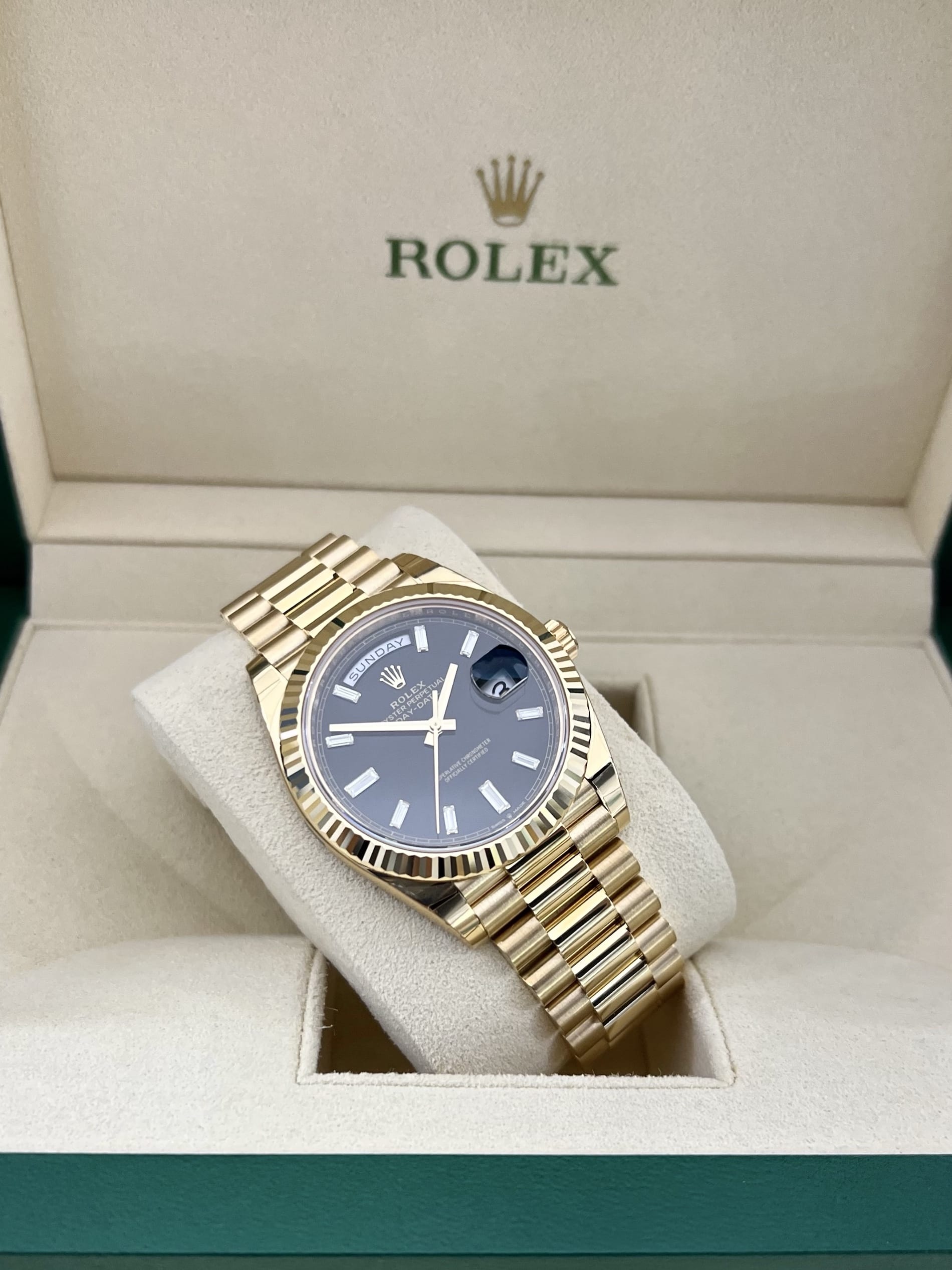Rolex Day-Date 228238 Yellow Gold Watch Black Baguette Diamond Dial