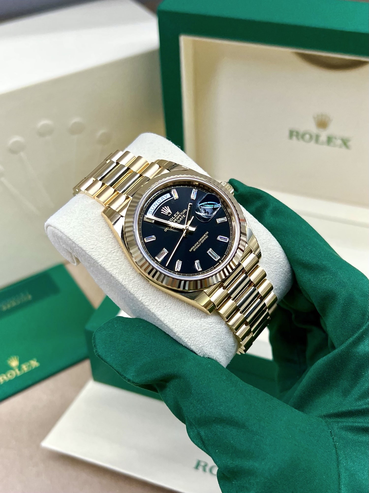 Rolex Day-Date 228238 Yellow Gold Watch Black Baguette Diamond Dial