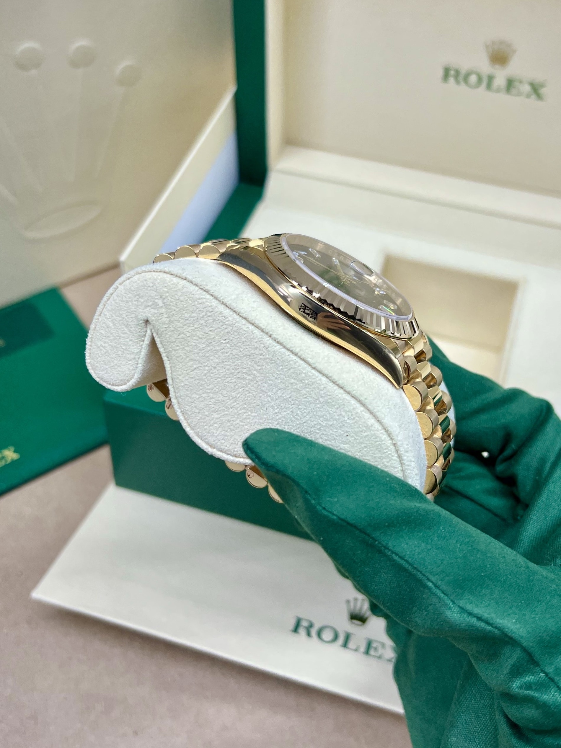 Rolex Day-Date 228238 Yellow Gold Watch Black Baguette Diamond Dial