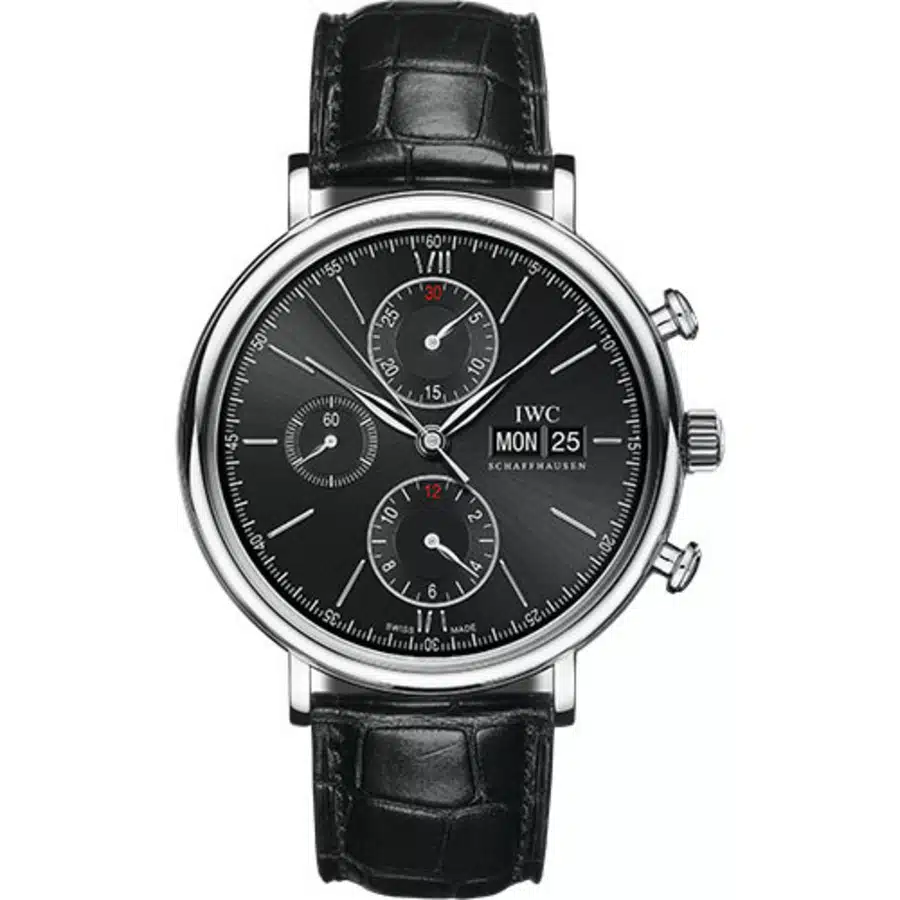 IWC Portofino Chronograph 42mm IW391029 Stainless Steel With Black Leather Watch Black Dial 2024