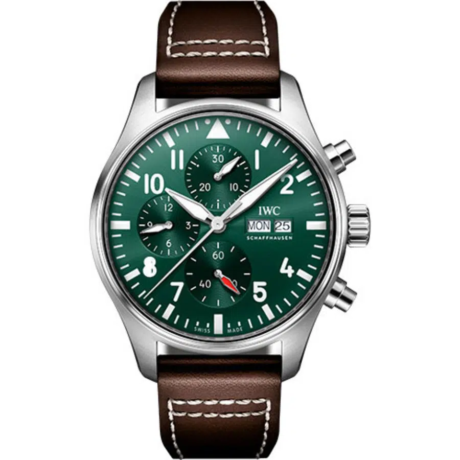 IWC Pilot's Watch Chronograph IW378005 Stainless Steel Case Green Dial Brown Leather Strap