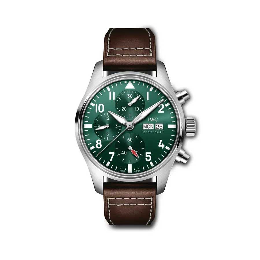IWC Pilot Chronograph IW388103 Stainless Steel Brown Calfskin Strap Green Dial