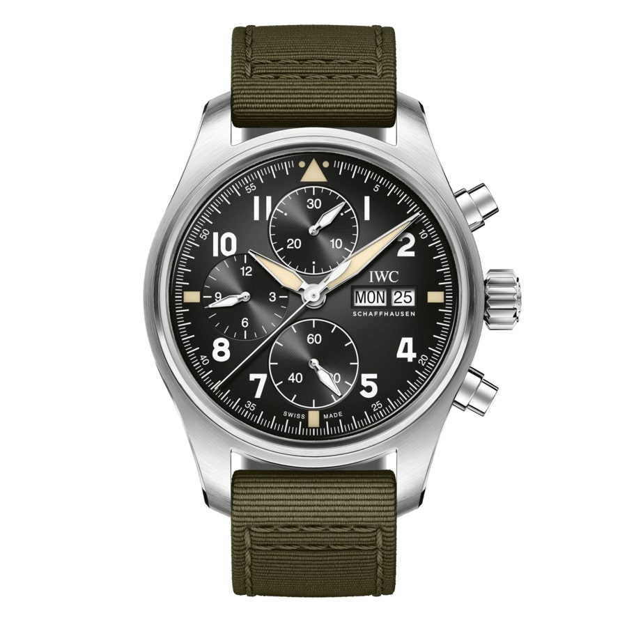 IWC Pilot Spitfire Chronograph IW387901 Stainless Steel 41mm Green Fabric Black Dial