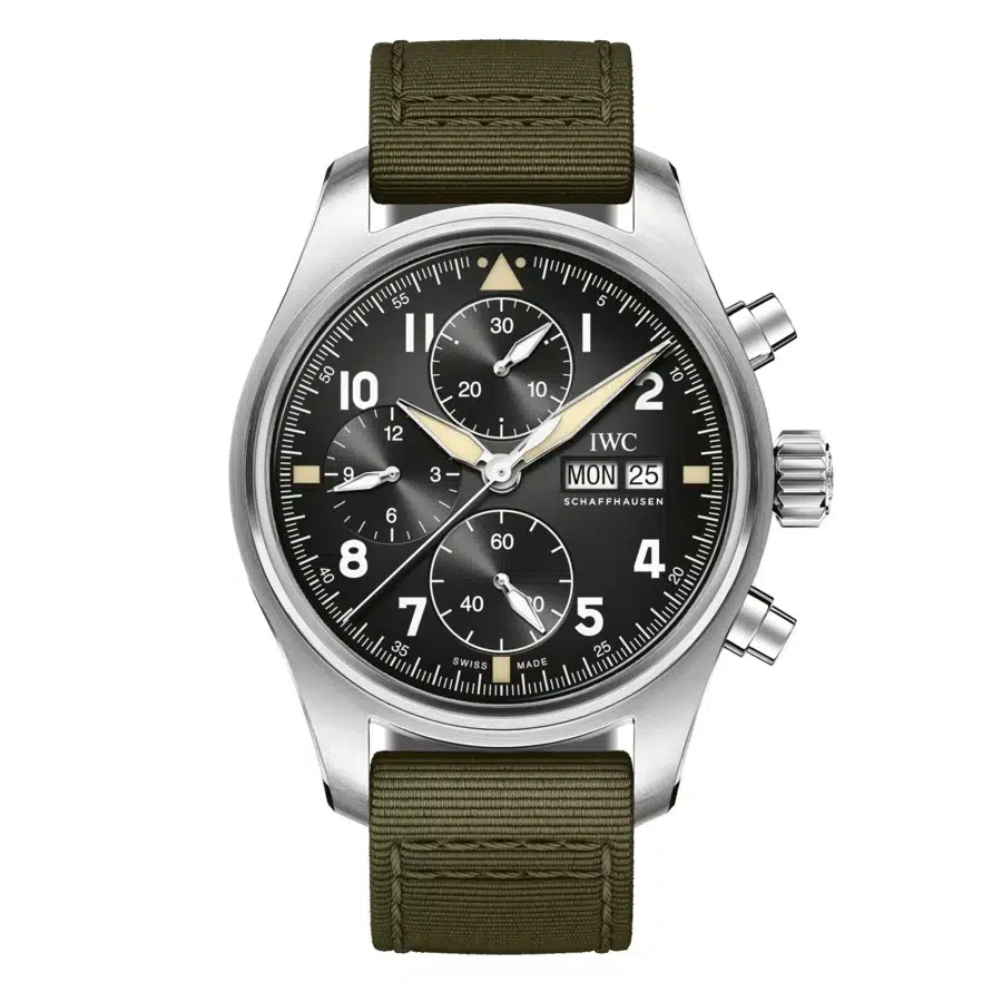 IWC Pilot Spitfire Chronograph IW387901 Stainless Steel 41mm Green Fabric Black Dial