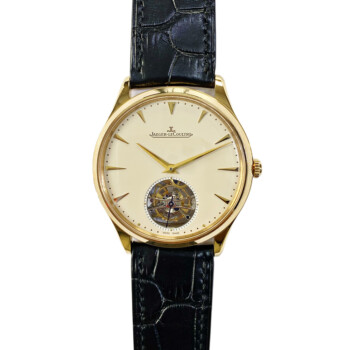 Jaeger LeCoultre Master Ultra Thin Tourbillon Q1322410 Rose Gold with Black Leather Watch Beige Dial