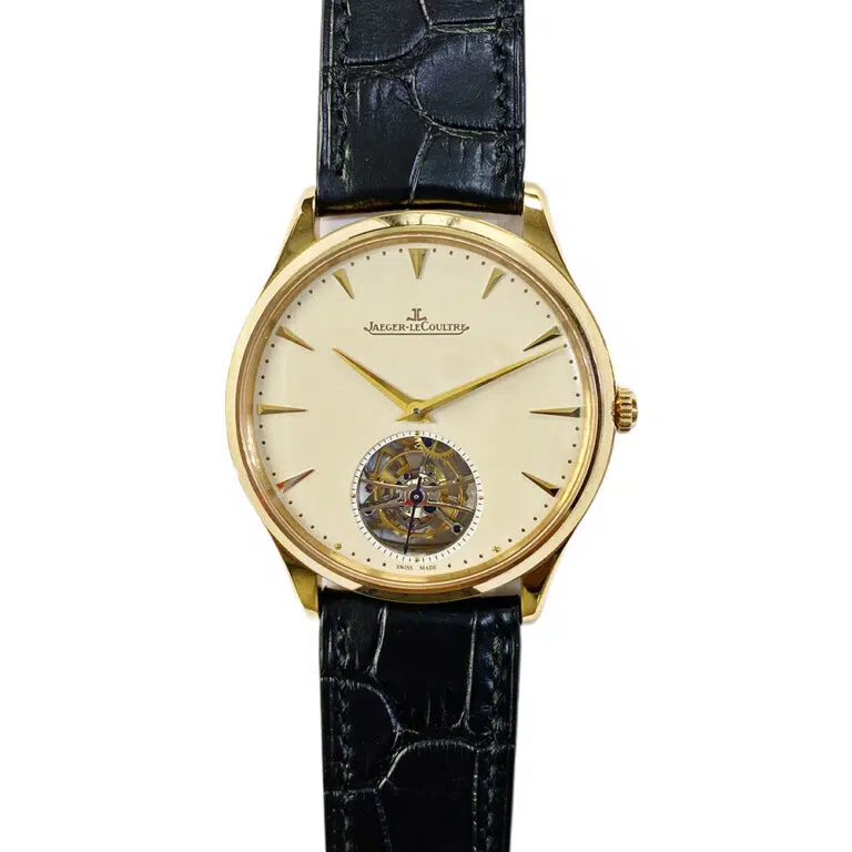 Jaeger LeCoultre Master Ultra Thin Tourbillon Q1322410 Rose Gold with Black Leather Watch Beige Dial