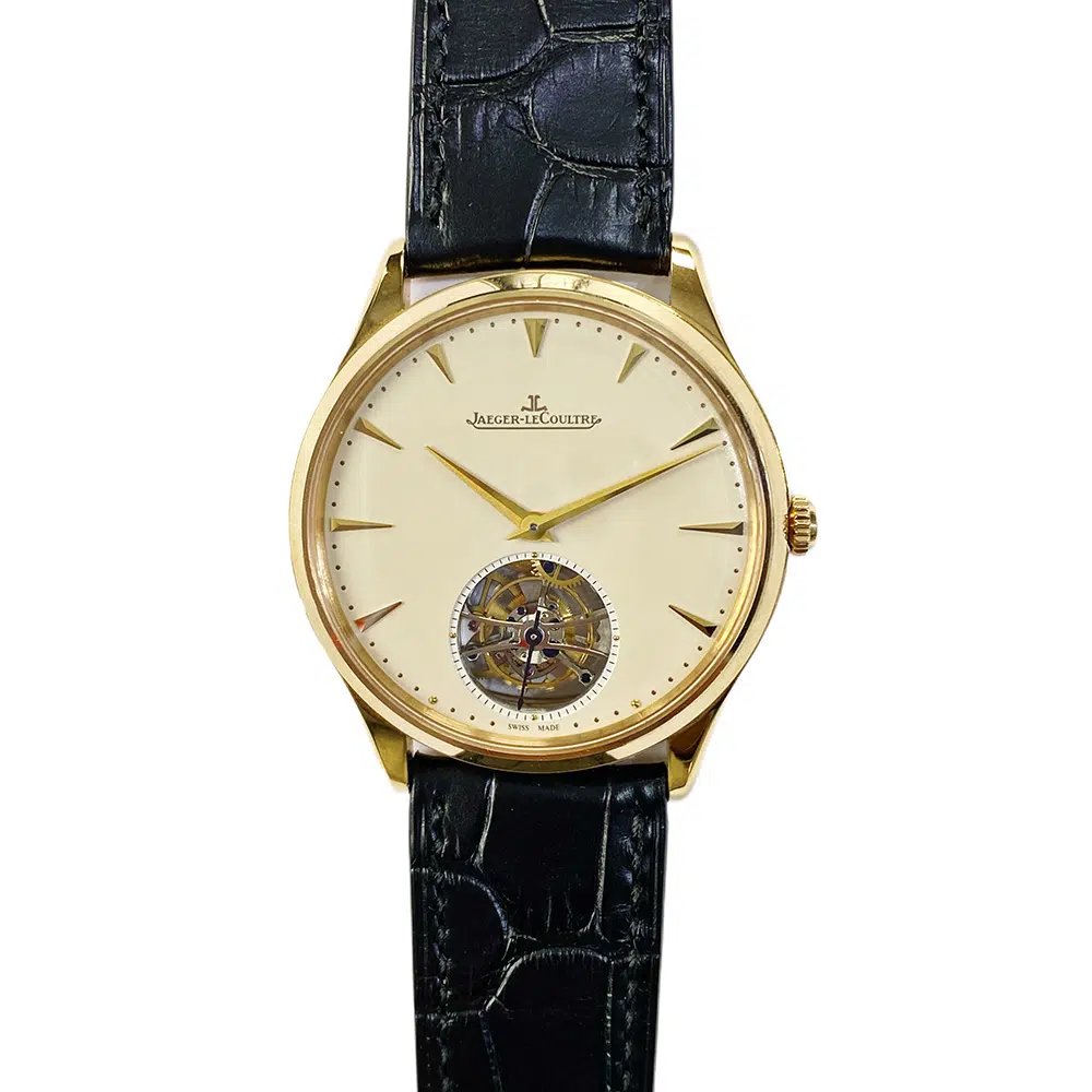 Jaeger LeCoultre Master Ultra Thin Tourbillon Q1322410 Rose Gold with Black Leather Watch Beige Dial