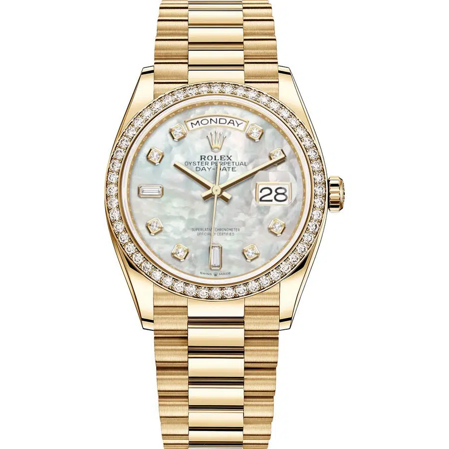Rolex 36mm Day-Date 128348RBR-0017 Yellow Gold with Diamond Bezel MOP Diamond Dial Watch