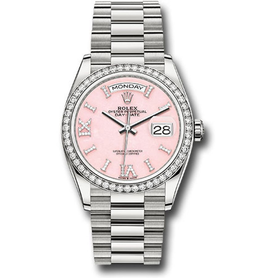 Rolex 36mm Day Date 128349 White Gold with Diamond Bezel Pink Opal Dial