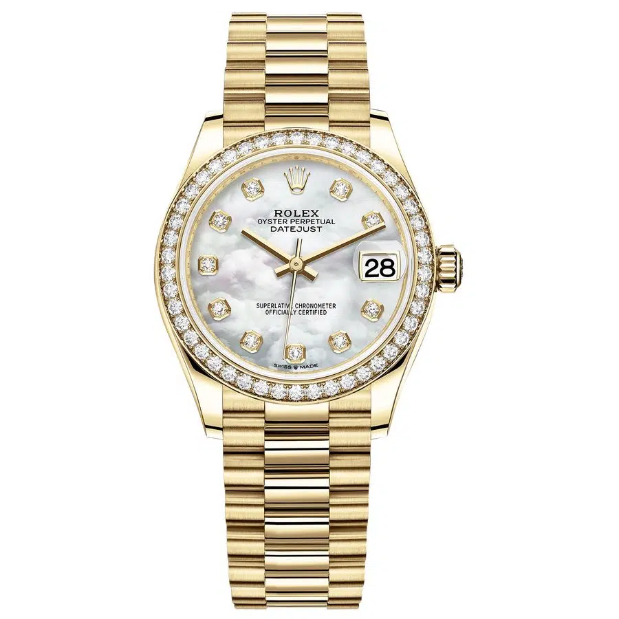 Rolex Datejust 31mm President 278288RBR-0006 Yellow Gold Watch MOP Diamond Dial