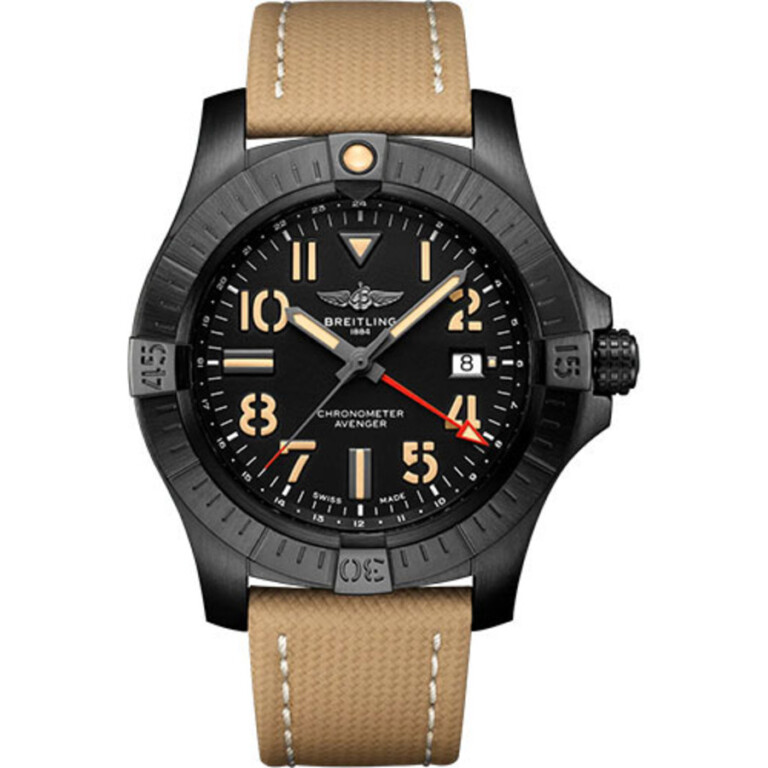 Breitling Avenger Automatic GMT 45 Night Mission Black Coated Titanium With Calfskin Leather Watch Black Dial V32395101B1X2