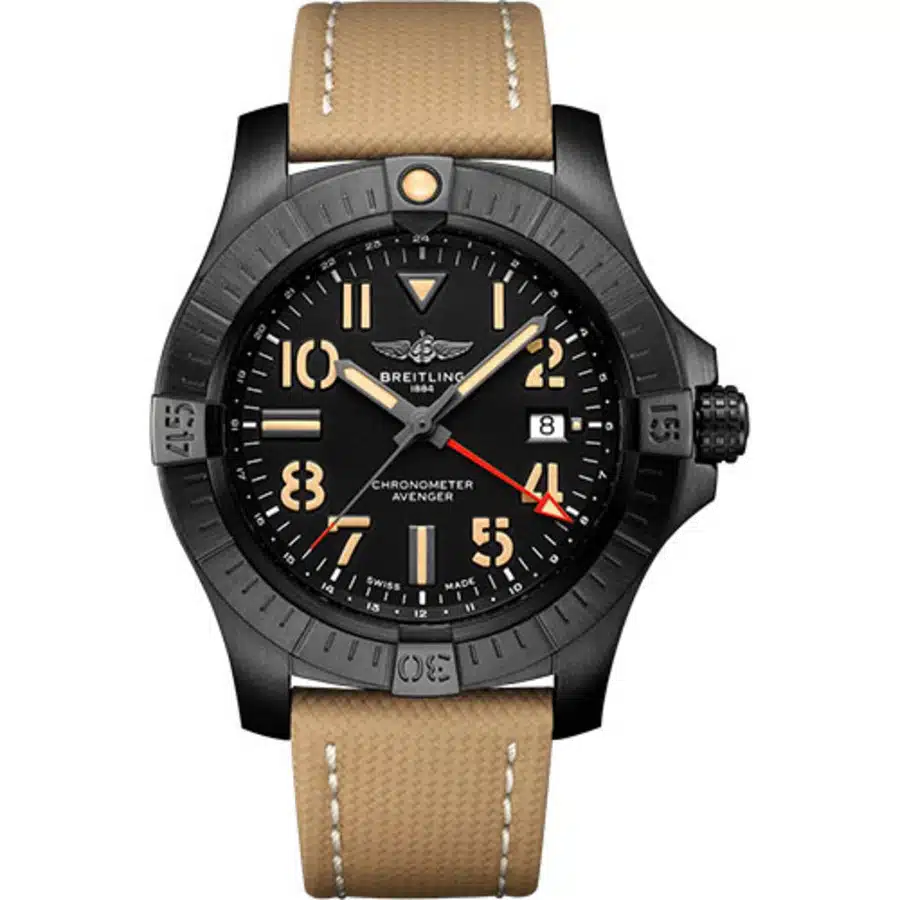 Breitling Avenger Automatic GMT 45 Night Mission Black Coated Titanium With Calfskin Leather Watch Black Dial V32395101B1X2