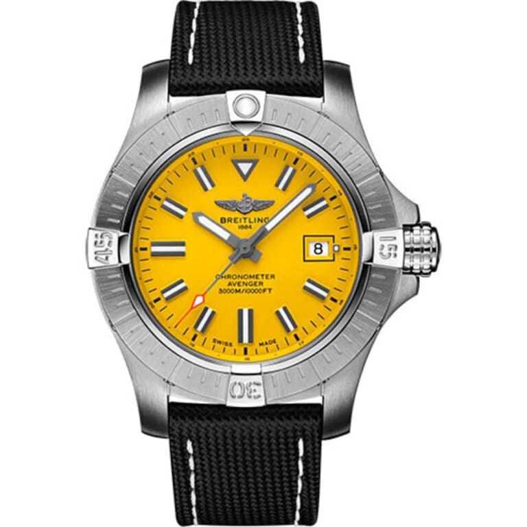 Breitling Avenger Stainless Steel With Black Leather Watch Yellow Dial A17319101I1X1