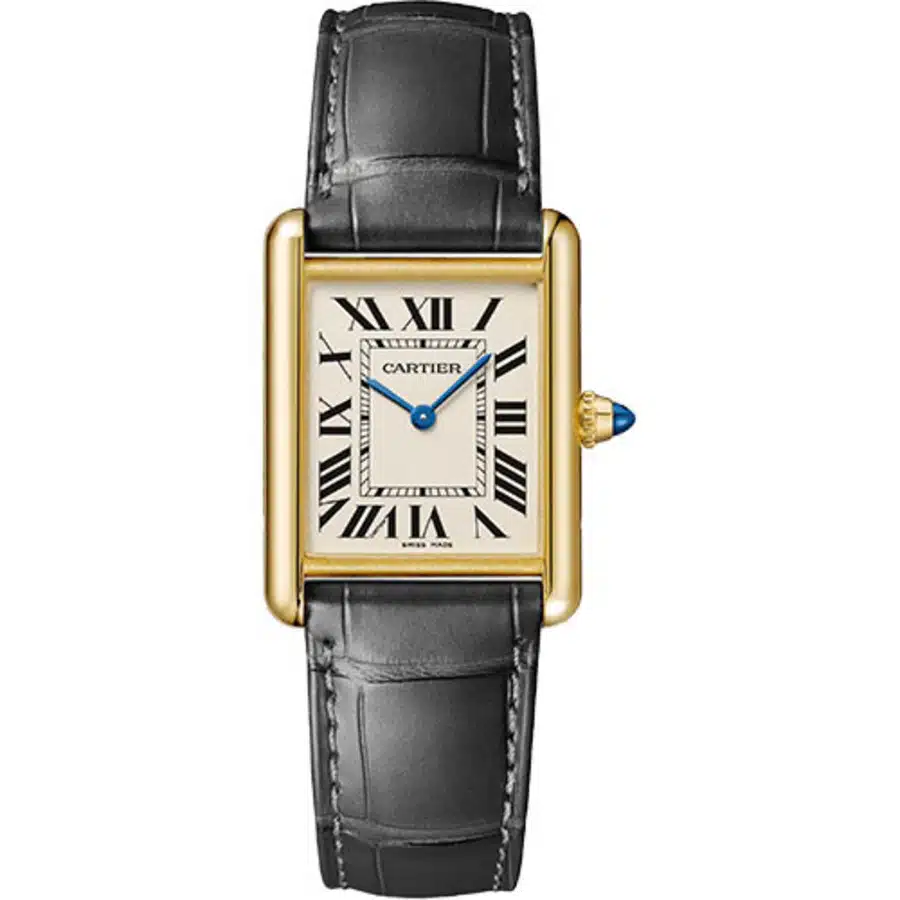 Cartier Tank Louis WGTA0067 Yellow Gold With Black Leather Watch Silver Dial