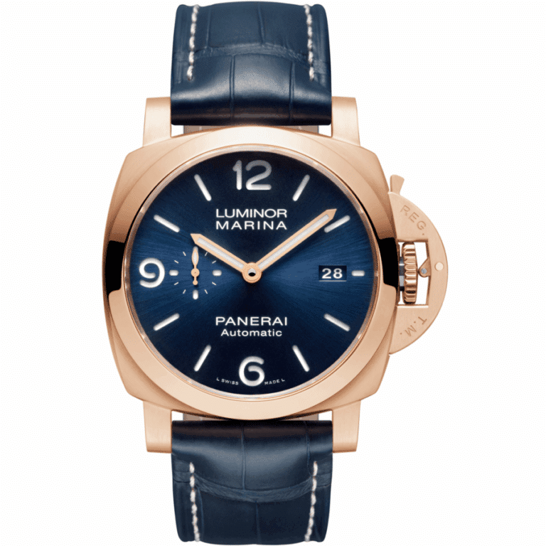 Panerai Luminor 44mm Marina Goldtech with Blue Leather Watch PAM01112