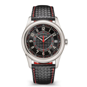 Patek Philippe Calatrava 40mm white gold watch, black dial with red accents, textured strap
