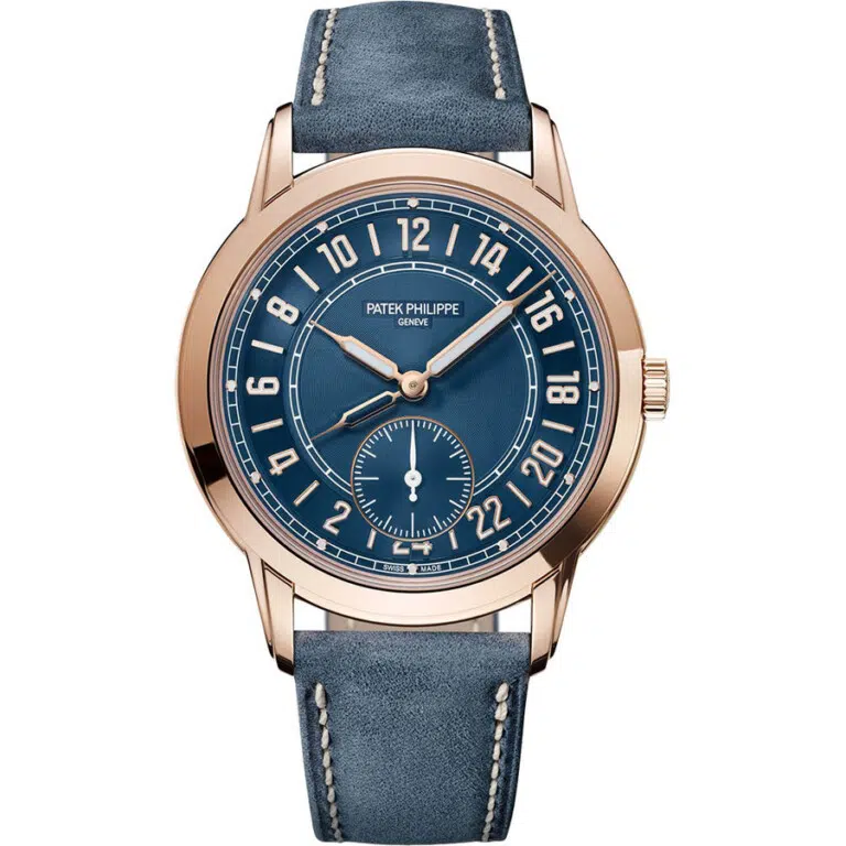 Patek Philippe Travel Time 5224R-001 Rose Gold With Blue Calfskin Leather Watch Blue Dial