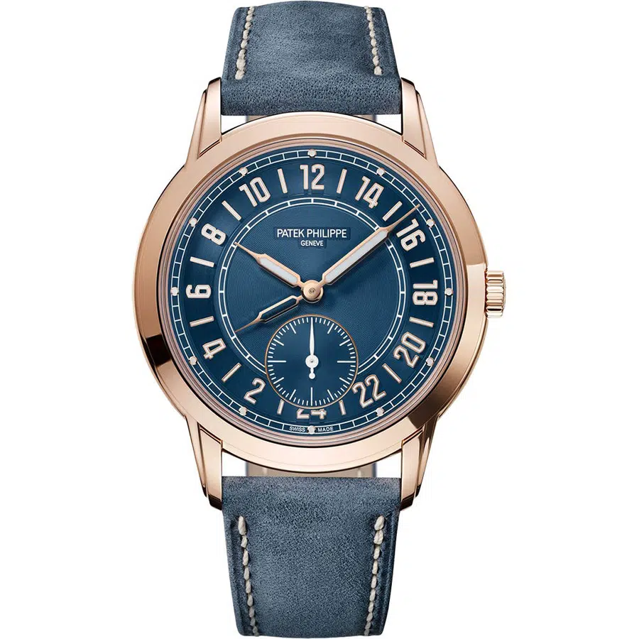 Patek Philippe Travel Time 5224R-001 Rose Gold With Blue Calfskin Leather Watch Blue Dial