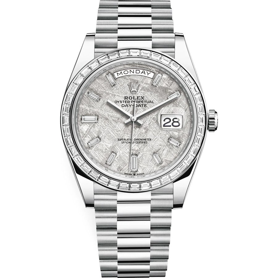 Rolex Day Date President Men's Watch Platinum with Baguette Bezel & Meteorite Diamond Dial 228396TBR