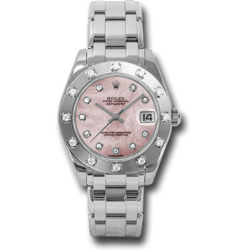 Rolex Masterpiece 34mm White Gold with 12 Diamond Bezel Watch Pink MOP Diamond Dial 81319