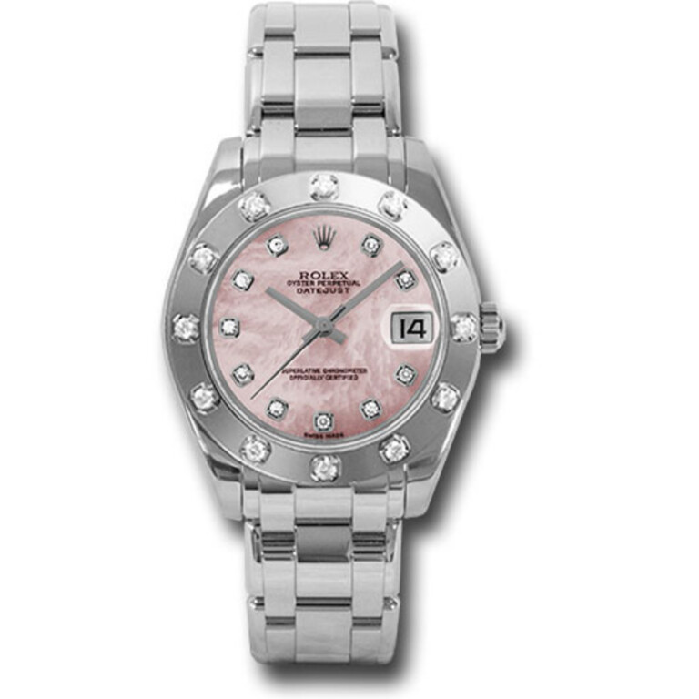 Rolex Masterpiece 34mm White Gold with 12 Diamond Bezel Watch Pink MOP Diamond Dial 81319