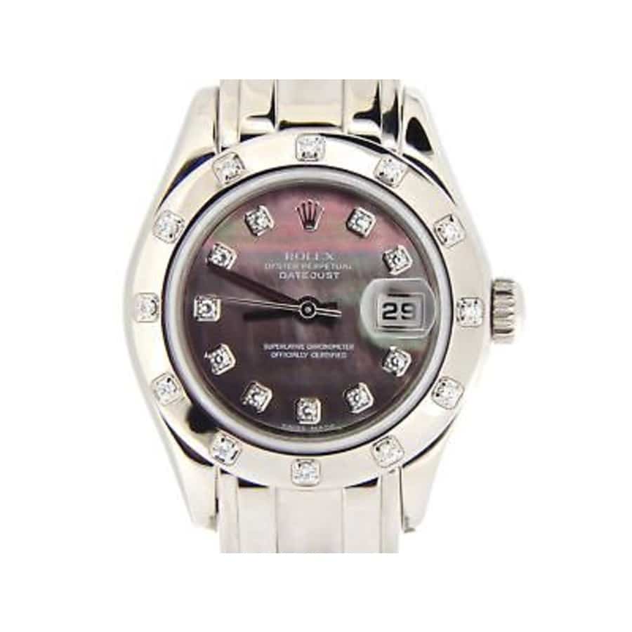 Rolex Masterpiece 34mm White Gold with 12 Diamond Bezel Watch Dark MOP Diamond Dial 81319