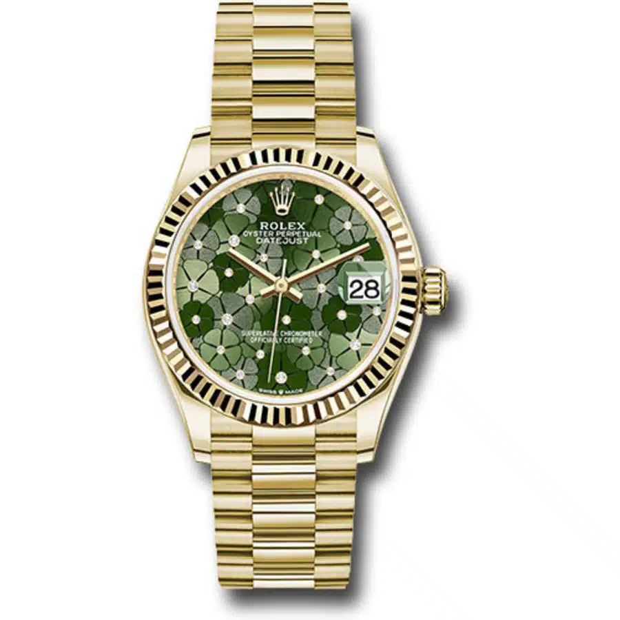 Rolex Datejust 31mm President Yellow Gold Watch Green Floral Diamond Dial 278278-0046
