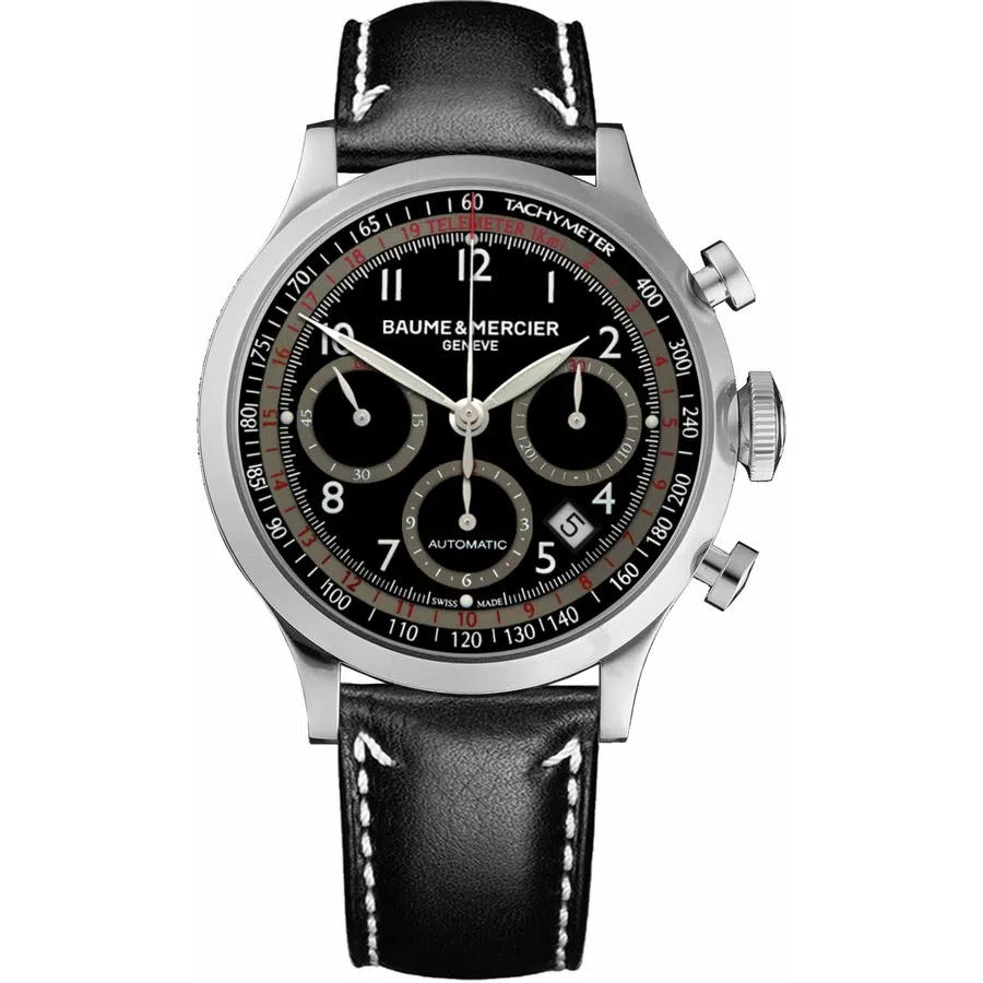 Baume and Mercier Capeland 10001 Stainless Steel With Black Leather Watch Black Dial 2024