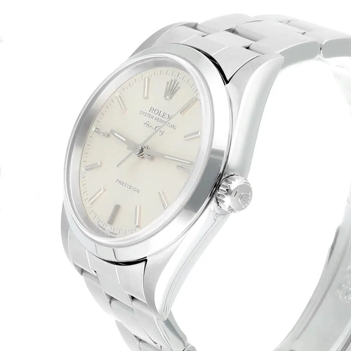 Rolex Air-King 14000 silver dial watch on Oyster bracelet, side view
