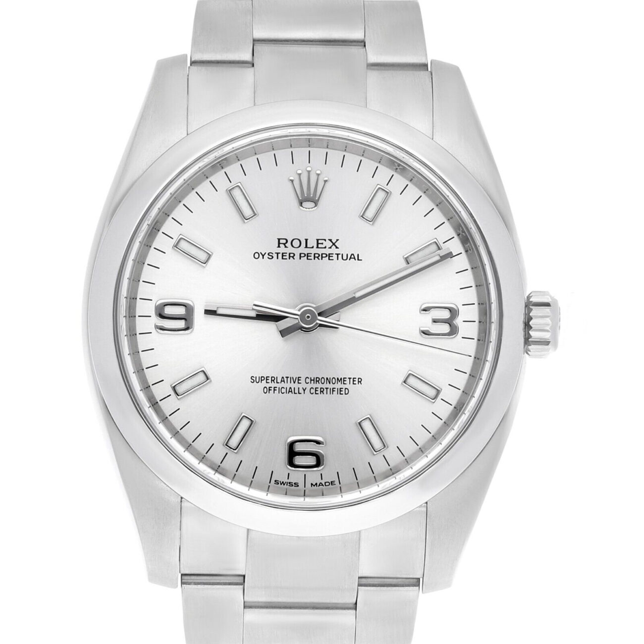 Rolex Oyster Perpetual 34mm 114200 Stainless Steel Watch Silver Index Dial Box Warranty MINT