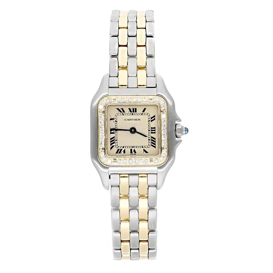 Cartier Panthere steel and yellow gold two-row bracelet ladies watch, dial detail