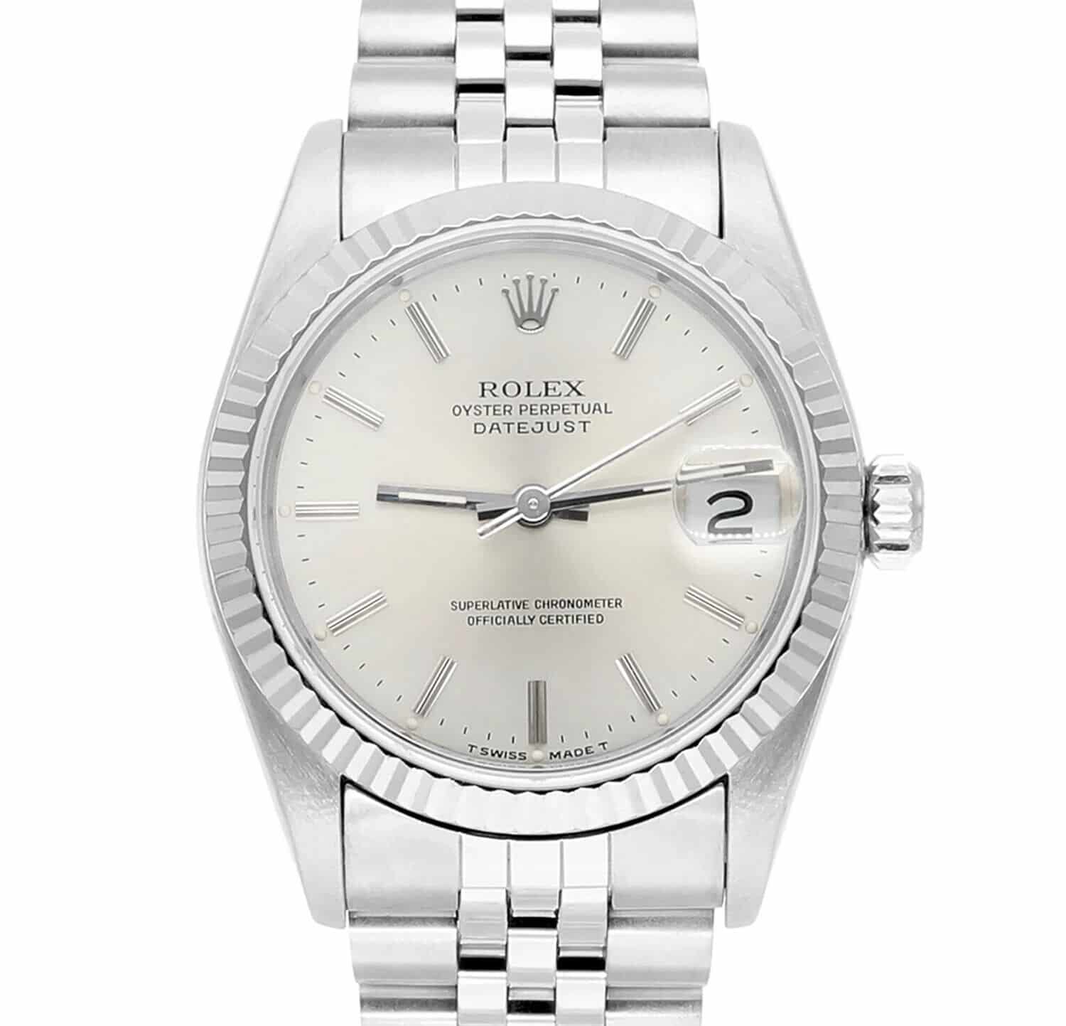 Rolex Datejust 31mm Silver Index Dial Stainless Steel Watch White Gold Bezel 68274