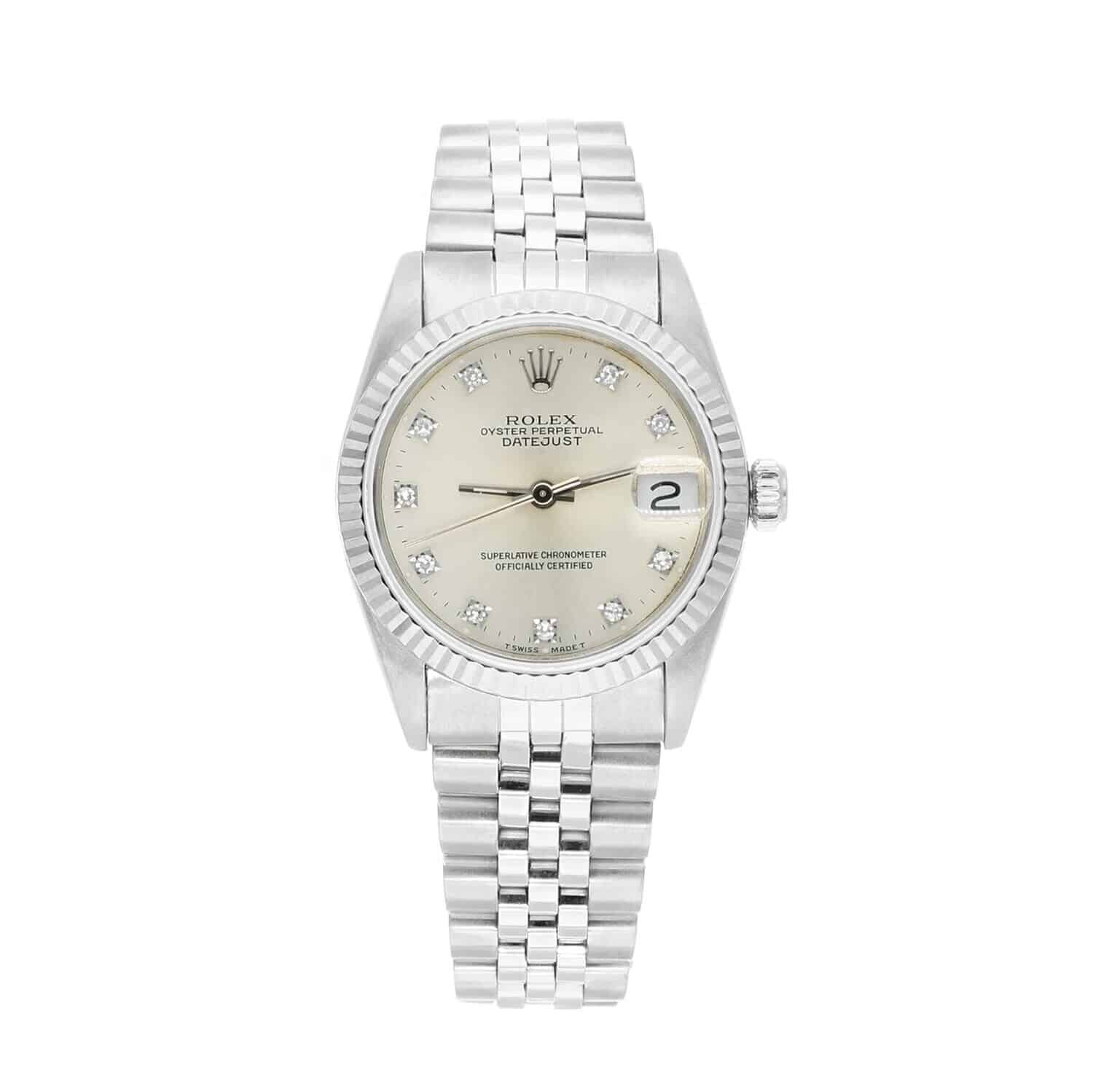 Rolex Datejust 31mm Silver Diamond Dial Stainless Steel Watch White Gold Bezel 68274