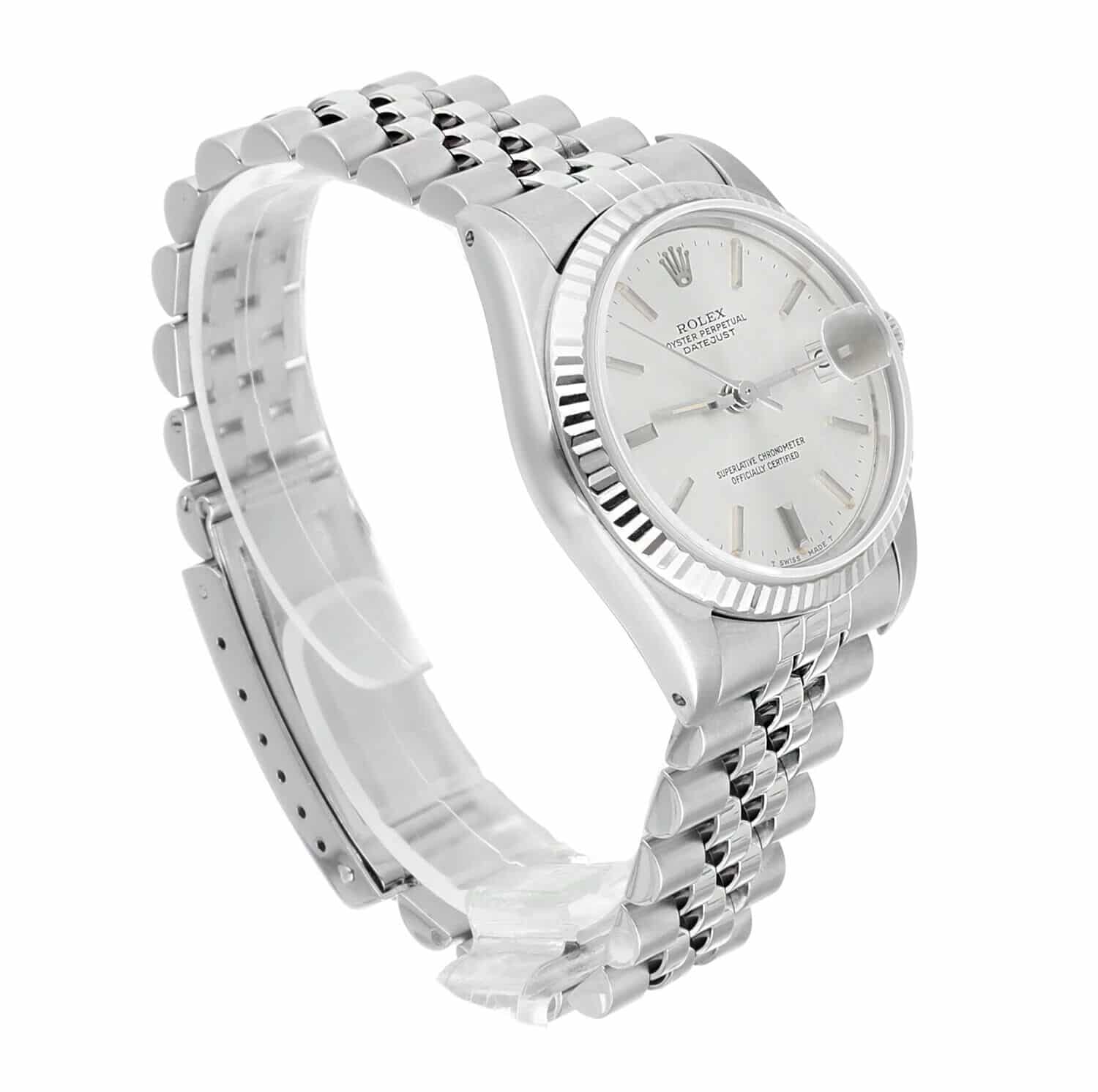 Rolex Datejust 31mm Silver Stick Dial Stainless Steel Watch White Gold Bezel