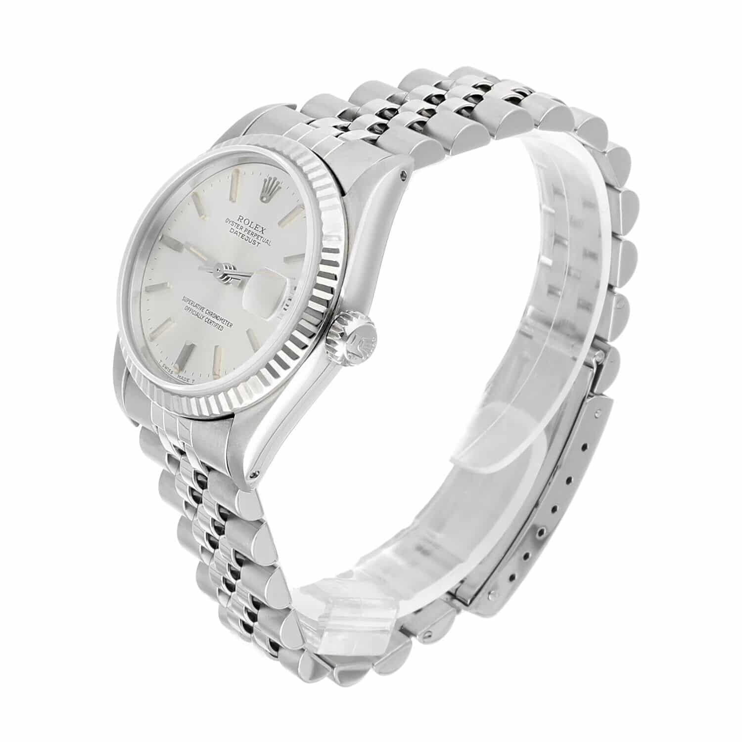 Rolex Datejust 31mm Silver Stick Dial Stainless Steel Watch White Gold Bezel