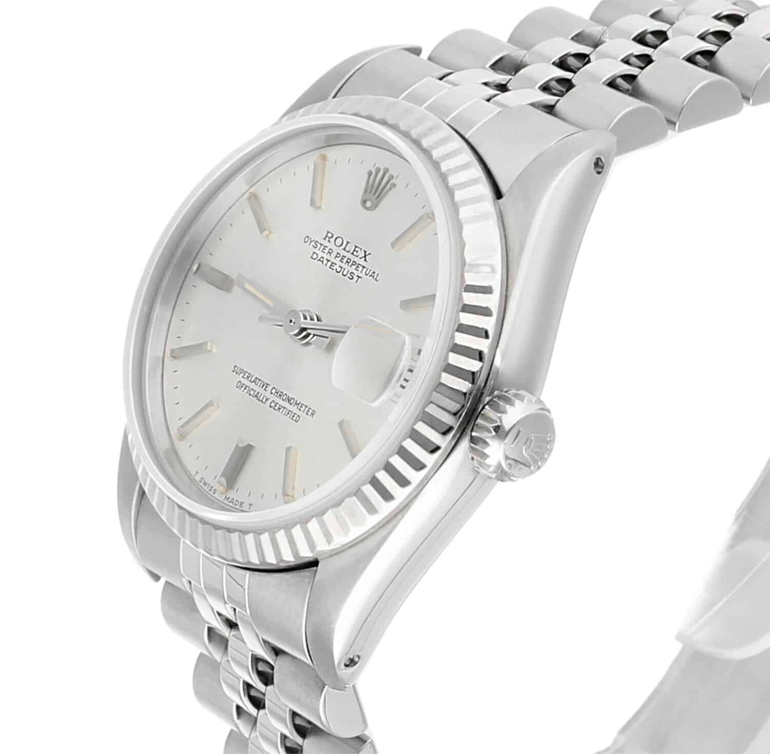 Rolex Datejust 31mm Silver Stick Dial Stainless Steel Watch White Gold Bezel