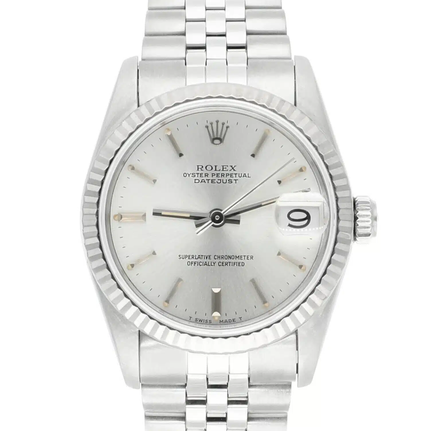 Rolex Datejust 31mm Silver Stick Dial Stainless Steel Watch White Gold Bezel