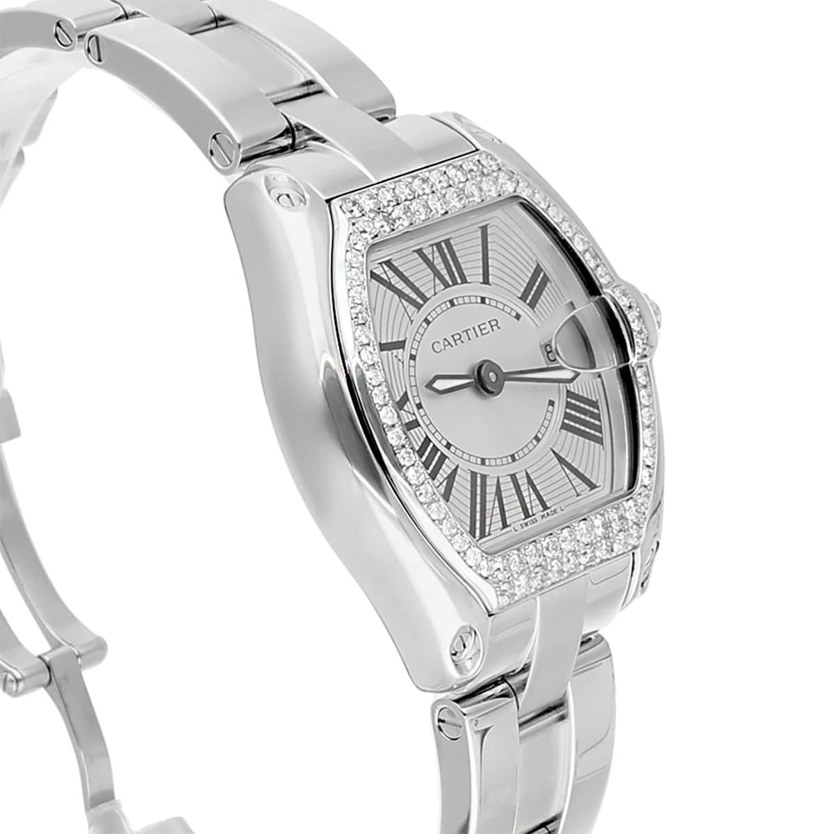 Cartier Roadster Ladies Silver Dial Stainless Steel Watch with Diamond Bezel W62016V3